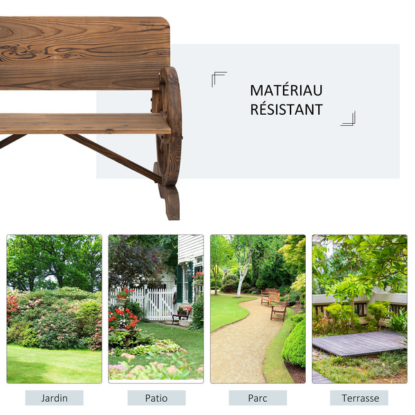 Banc de Jardin 3 Places Style Rustique Chic accoudoirs Roues de Charette Bois Sapin traité carbonisation