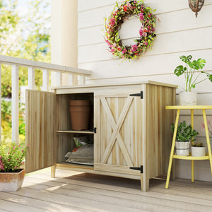 Armoire de Jardin en Bois, Placard de Jardin en Bois avec Étagères et Double Portes, Armoire à Outils, 110 x 60 x 88,5 cm, Bois Naturel