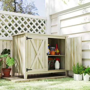 Armoire de Jardin en Bois, Placard de Jardin en Bois avec Étagères et Double Portes, Armoire à Outils, 110 x 60 x 88,5 cm, Bois Naturel