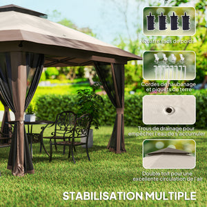 Tonnelle de jardin extérieur barnum de jardin pop-up tente pliant 4 x 4 m double toit protection UV 50+ 4 moustiquaires, 4 sacs de sable, 1 sac de transport tissu Oxford métal beige et marron