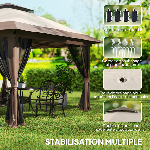 Tonnelle de jardin extérieur barnum de jardin pop-up tente pliant 4 x 4 m double toit protection UV 50+ 4 moustiquaires, 4 sacs de sable, 1 sac de transport tissu Oxford métal beige et marron