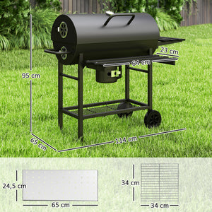 Barbecue charbon de bois avec tablette avant pliable, grand barbecue au charbon de bois avec tablette inférieure, grille de cuisson, couvercle avec thermomètre et 2 roues, noir