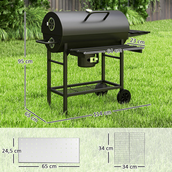 Barbecue charbon de bois avec tablette avant pliable, grand barbecue au charbon de bois avec tablette inférieure, grille de cuisson, couvercle avec thermomètre et 2 roues, noir