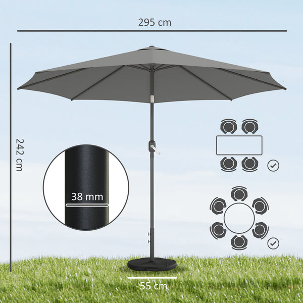 Parasol de jardin extérieur rond Ø 3 x 2,5 m parasol droit inclinable avec Base et Poids Sable, nervure rétractable, ouverture fermeture manivelle, mât en métal, toile 180 g/m², Gris Foncé