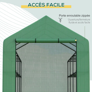 Serre de jardin PE avec étagères 4 niveaux, 4,39 m², serre de balcon bâche renforcée 140 g/m², châssis en acier, porte zippée enroulable, pour légumes plantes fleurs, 244 x 180 x 210 cm, vert