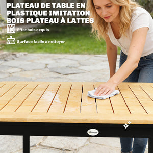 Table de Jardin pour 6 Personnes, 127 x 70 cm, Table d'Extérieur avec Plateau à Lattes en Bois Plastique, Cadre en Métal, Patins Réglables, Mobilier pour Balcon, Terrasse, Marron