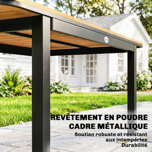 Table de Jardin pour 6 Personnes, 127 x 70 cm, Table d'Extérieur avec Plateau à Lattes en Bois Plastique, Cadre en Métal, Patins Réglables, Mobilier pour Balcon, Terrasse, Marron