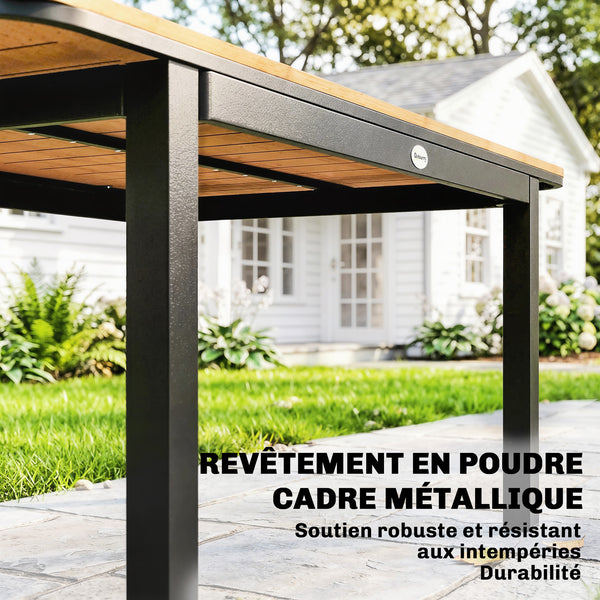 Table de Jardin pour 6 Personnes, 127 x 70 cm, Table d'Extérieur avec Plateau à Lattes en Bois Plastique, Cadre en Métal, Patins Réglables, Mobilier pour Balcon, Terrasse, Marron