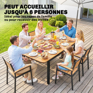 Table de Jardin pour 6 Personnes, 127 x 70 cm, Table d'Extérieur avec Plateau à Lattes en Bois Plastique, Cadre en Métal, Patins Réglables, Mobilier pour Balcon, Terrasse, Marron