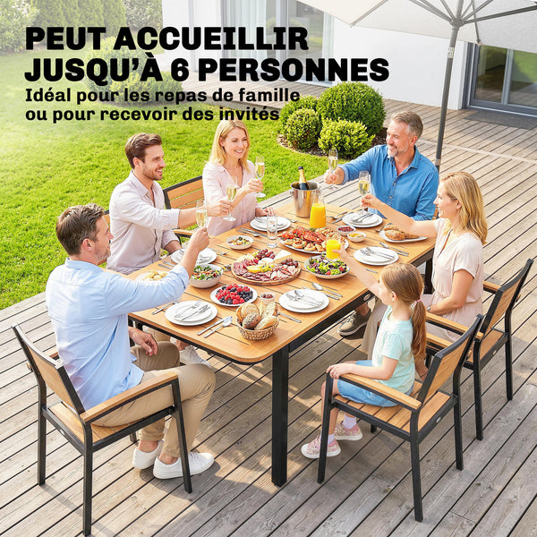Table de Jardin pour 6 Personnes, 127 x 70 cm, Table d'Extérieur avec Plateau à Lattes en Bois Plastique, Cadre en Métal, Patins Réglables, Mobilier pour Balcon, Terrasse, Marron
