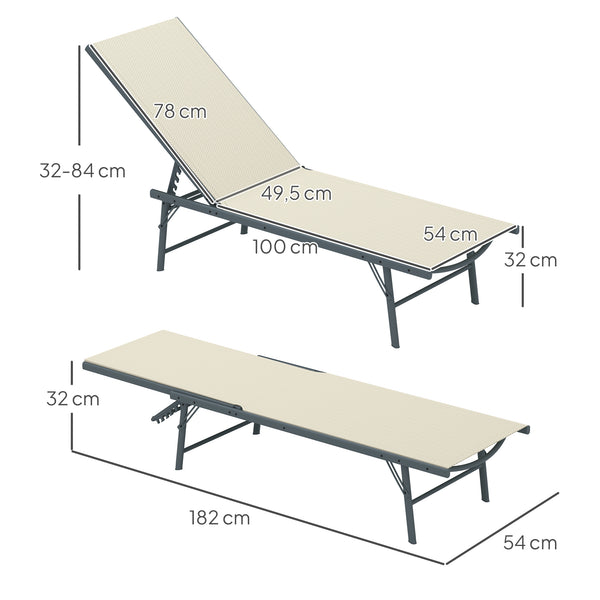 Lot de 2 bain de soleil, chaise longue pliante en textilène, transat jardin extérieur inclinable de plage, relax, camping, piscine, terrasse, 54 x 164 x 84 cm, crème