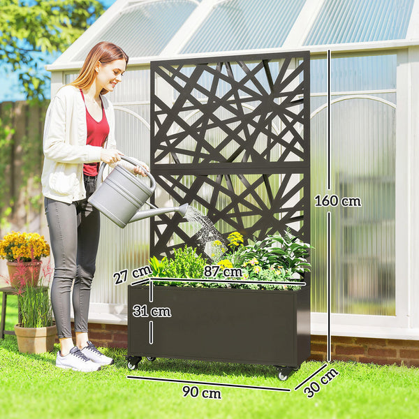 Jardinière avec treillis, bac à fleurs, lit surélevé avec brise-vue et roulettes verrouillables, pour plantes grimpantes, légumes, métal, intérieur et extérieur, 90 x 30 x 160 cm, noir