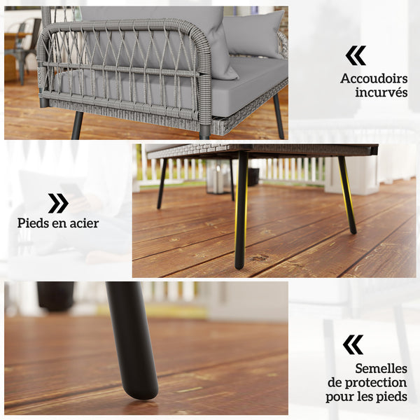 Canapé de jardin avec coussins et oreillers 2 places en résine tressée, canapé d'extérieur avec accoudoirs, cadre en acier galvanisé pour balcon, gris foncé