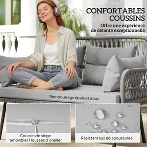 Canapé de jardin avec coussins et oreillers 2 places en résine tressée, canapé d'extérieur avec accoudoirs, cadre en acier galvanisé pour balcon, gris foncé