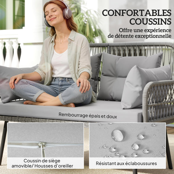 Canapé de jardin avec coussins et oreillers 2 places en résine tressée, canapé d'extérieur avec accoudoirs, cadre en acier galvanisé pour balcon, gris foncé