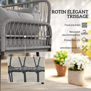 Canapé de jardin avec coussins et oreillers 2 places en résine tressée, canapé d'extérieur avec accoudoirs, cadre en acier galvanisé pour balcon, gris foncé