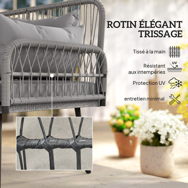 Canapé de jardin avec coussins et oreillers 2 places en résine tressée, canapé d'extérieur avec accoudoirs, cadre en acier galvanisé pour balcon, gris foncé