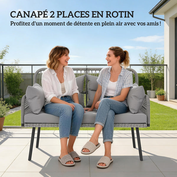 Canapé de jardin avec coussins et oreillers 2 places en résine tressée, canapé d'extérieur avec accoudoirs, cadre en acier galvanisé pour balcon, gris foncé
