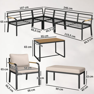 Salon de Jardin 7 Pièces - Ensemble Canapé d'Angle Extérieur Modulable avec Table en WPC et Pouf - Mobilier de Terrasse avec Coussins Épais et Accoudoirs en Résine Tressée, Beige et Gris