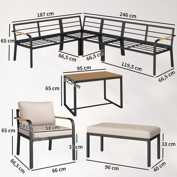 Salon de Jardin 7 Pièces - Ensemble Canapé d'Angle Extérieur Modulable avec Table en WPC et Pouf - Mobilier de Terrasse avec Coussins Épais et Accoudoirs en Résine Tressée, Beige et Gris