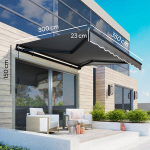 Store banne manuel 3,5x3m, auvent rétractable inclinaison réglable, manivelle, protection UV résistance à l'eau, gris