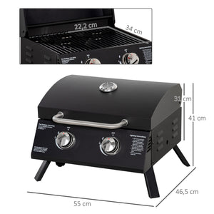 Barbecue gaz de Table transportable Pieds Pliables - 2 brûleurs 5 KW - Barbecue gaz de Camping - Grille de Cuisson, réceptacle Graisse, thermomètre - Acier de Qualité Alimentaire Noir