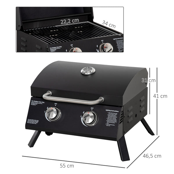 Barbecue gaz de Table transportable Pieds Pliables - 2 brûleurs 5 KW - Barbecue gaz de Camping - Grille de Cuisson, réceptacle Graisse, thermomètre - Acier de Qualité Alimentaire Noir