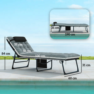 Lot de 2 bain de soleil, chaise longue pliante en textilène, transat jardin extérieur inclinable, coussin, appui-tête, poche latérale, pour patio, piscine, terrasse, 60x190x31cm, gris et noir