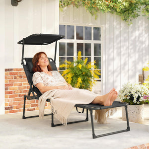 Bain de soleil, chaise longue pliante avec pare-soleil, appuie-tête en tissu Oxford, transat jardin extérieur inclinable de plage camping piscine terrasse 70 x 200 x 45 cm, noir
