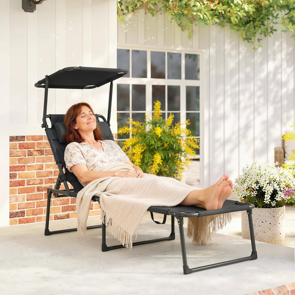 Bain de soleil, chaise longue pliante avec pare-soleil, appuie-tête en tissu Oxford, transat jardin extérieur inclinable de plage camping piscine terrasse 70 x 200 x 45 cm, noir