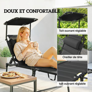 Bain de soleil, chaise longue pliante avec pare-soleil, appuie-tête en tissu Oxford, transat jardin extérieur inclinable de plage camping piscine terrasse 70 x 200 x 45 cm, noir