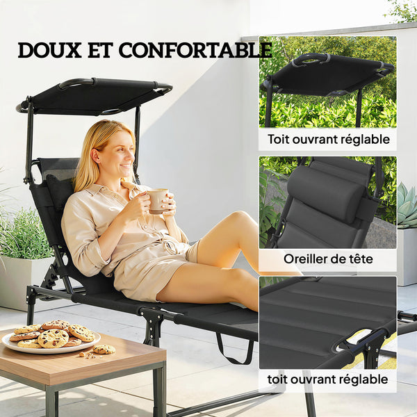 Bain de soleil, chaise longue pliante avec pare-soleil, appuie-tête en tissu Oxford, transat jardin extérieur inclinable de plage camping piscine terrasse 70 x 200 x 45 cm, noir