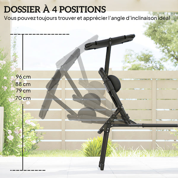 Bain de soleil, chaise longue pliante avec pare-soleil, appuie-tête en tissu Oxford, transat jardin extérieur inclinable de plage camping piscine terrasse 70 x 200 x 45 cm, noir