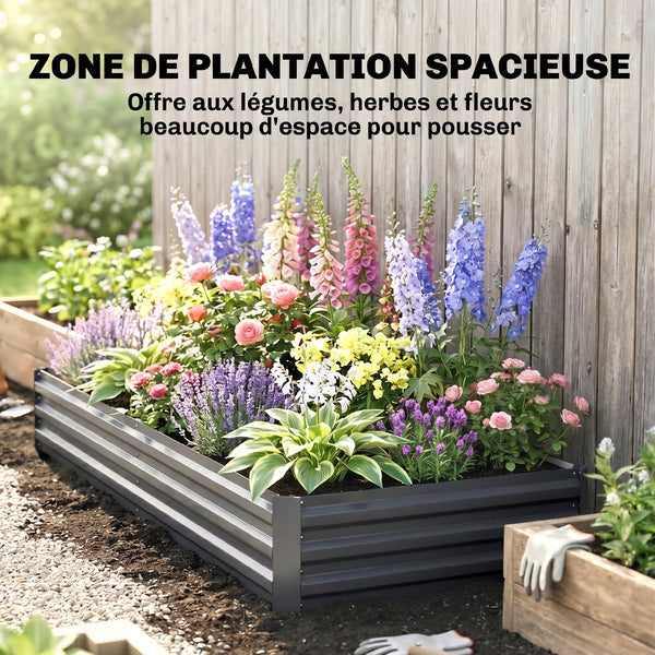 Carré Potager en Métal Modulable - Potager Surélevé 241x90,5x30cm en Acier Galvanisé - Jardinière Extérieur Anti-Rouille pour Légumes et Fleurs, Gris