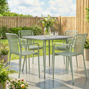 Lot de 4 Chaises de Jardin Empilables en Polypropylène Anti-UV - Fauteuil de Terrasse avec Accoudoirs et Dossier à Lattes Ergonomique - Chaises de Salle à Manger Extérieures, Gris Vert