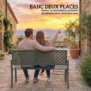 Banc d'extérieur en métal , banc 2 places avec dossier géométrique antirouille et accoudoirs, siège de patio pour balcon, terrasse, parc, gris foncé
