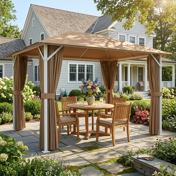 Tonnelle de Jardin 3x4m avec Structure Stable en Métal 60mm - Pavillon Protection UV50+ et 10 Trous de Drainage - Barnum de Réception avec Rideaux et Moustiquaire pour Terrasse, Khaki