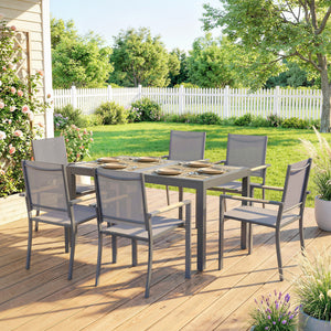 Ensemble Salle à Manger Extérieur 7 Pièces, Table et 6 Chaises Empilables, Plateau Faux Bois, Maille Respirante, Gris Foncé