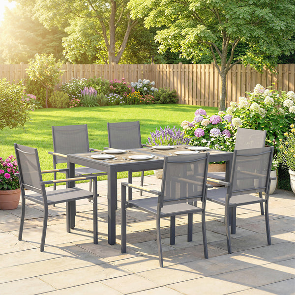 Ensemble Salle à Manger Extérieur 7 Pièces, Table et 6 Chaises Empilables, Plateau Faux Bois, Maille Respirante, Gris Foncé