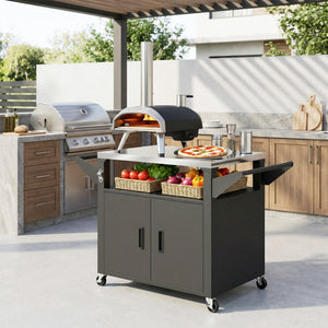 Chariot Barbecue Extérieur avec Plateau en Acier Inoxydable, Support à Pizza à 3 Étagères avec Placard de Rangement, Chariot BBQ Mobile sur Roulettes, Noir