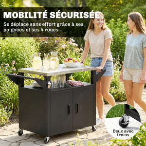 Chariot Barbecue Extérieur avec Plateau en Acier Inoxydable, Support à Pizza à 3 Étagères avec Placard de Rangement, Chariot BBQ Mobile sur Roulettes, Noir