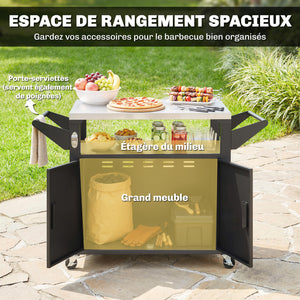 Chariot Barbecue Extérieur avec Plateau en Acier Inoxydable, Support à Pizza à 3 Étagères avec Placard de Rangement, Chariot BBQ Mobile sur Roulettes, Noir