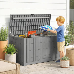 Coffre de Rangement Extérieur 379 L Verrouillable avec Vérin à Gaz, Boîte de Jardin en Aspect Bois Résistant aux UV, pour Outils Accessoires, 122,5x56x62cm, Gris