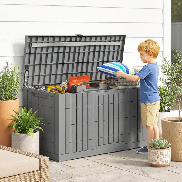 Coffre de Rangement Extérieur 379 L Verrouillable avec Vérin à Gaz, Boîte de Jardin en Aspect Bois Résistant aux UV, pour Outils Accessoires, 122,5x56x62cm, Gris