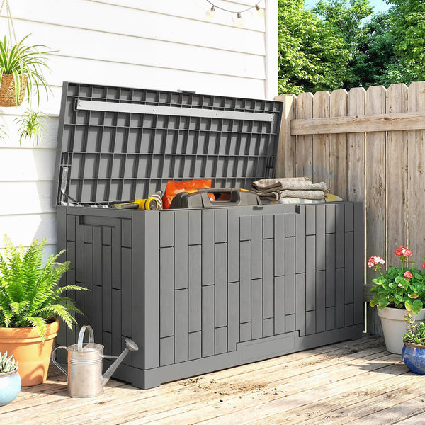 Coffre de Rangement Extérieur 379 L Verrouillable avec Vérin à Gaz, Boîte de Jardin en Aspect Bois Résistant aux UV, pour Outils Accessoires, 122,5x56x62cm, Gris