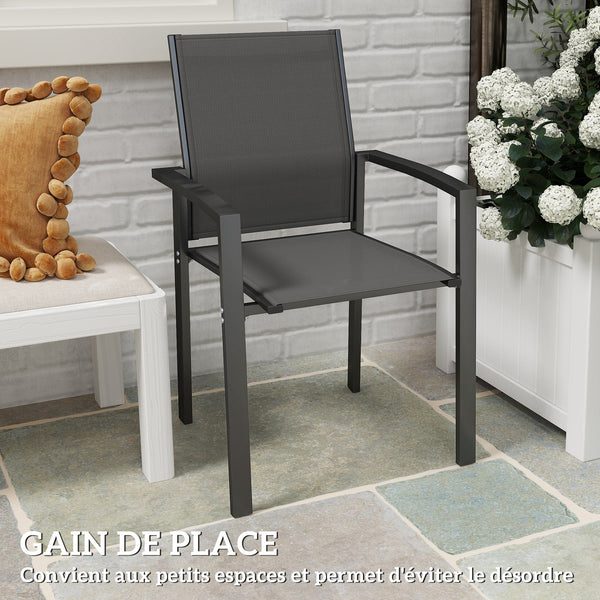 Lot de 2 chaises de jardin chaises empilables d'extérieur respirant avec accoudoirs, en aluminium et textilène pour jardin, piscine, terrasse, gris foncé