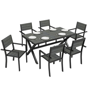 Salon de Jardin 7 Pièces, Ensemble Table et Chaises en Aluminium pour 6, Table Extérieure avec Lattes Effet Bois et Chaises Empilables, Gris