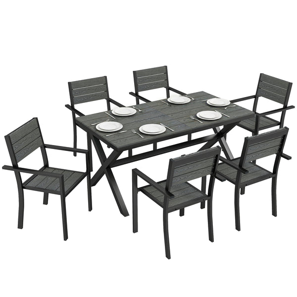 Salon de Jardin 7 Pièces, Ensemble Table et Chaises en Aluminium pour 6, Table Extérieure avec Lattes Effet Bois et Chaises Empilables, Gris
