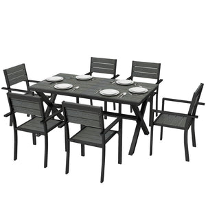 Salon de Jardin 7 Pièces, Ensemble Table et Chaises en Aluminium pour 6, Table Extérieure avec Lattes Effet Bois et Chaises Empilables, Gris