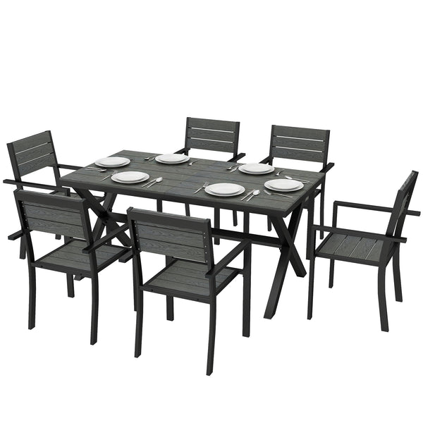 Salon de Jardin 7 Pièces, Ensemble Table et Chaises en Aluminium pour 6, Table Extérieure avec Lattes Effet Bois et Chaises Empilables, Gris